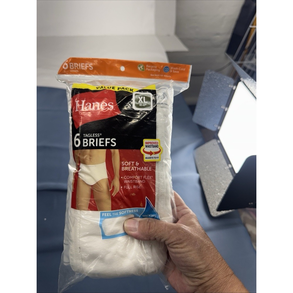 Hanes Mens Tagless Briefs 6 Pack White 100% Cotton Full Rise XL 40-42 2252P6